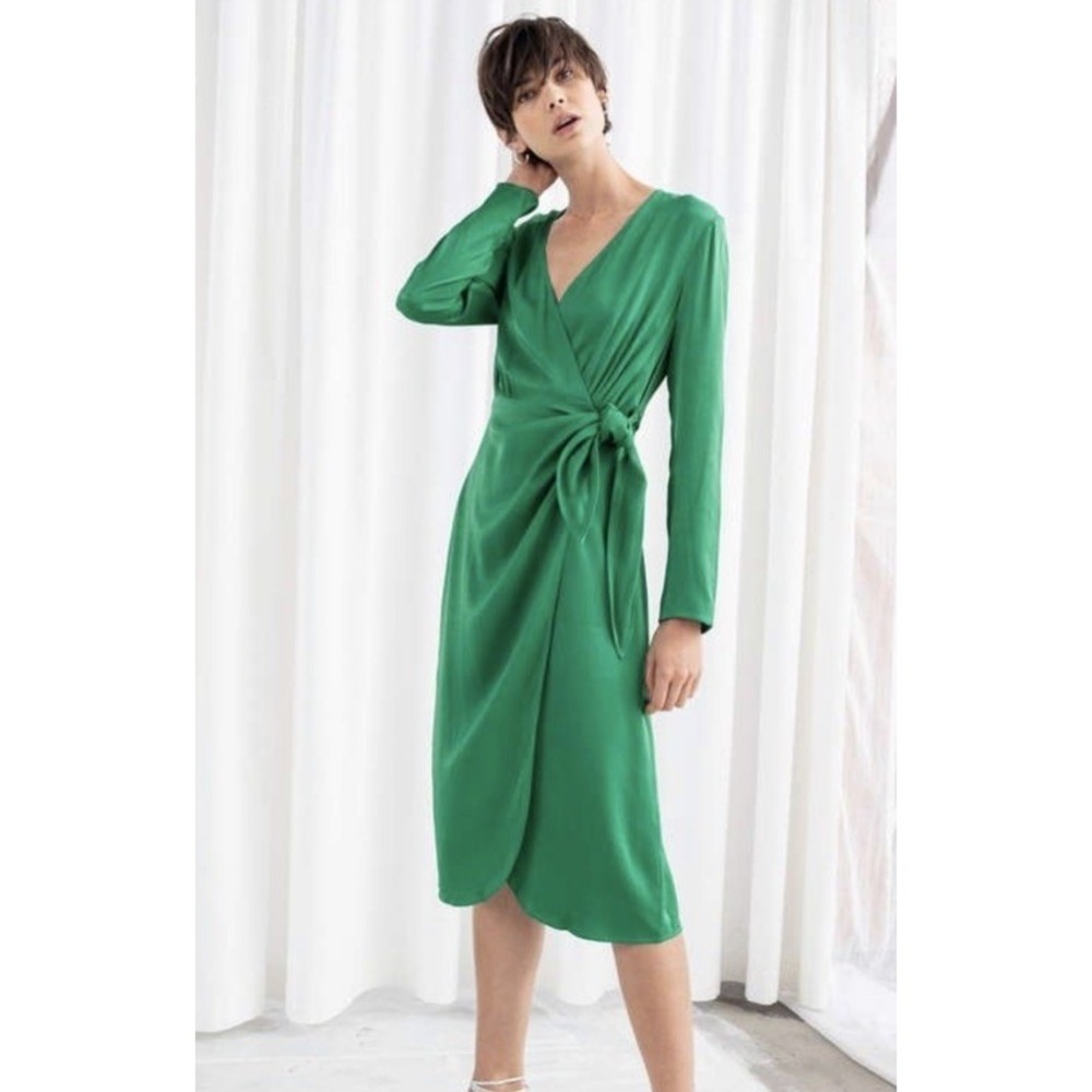 & Other Stories Green Satin MIDI Wrap Dress Size 8